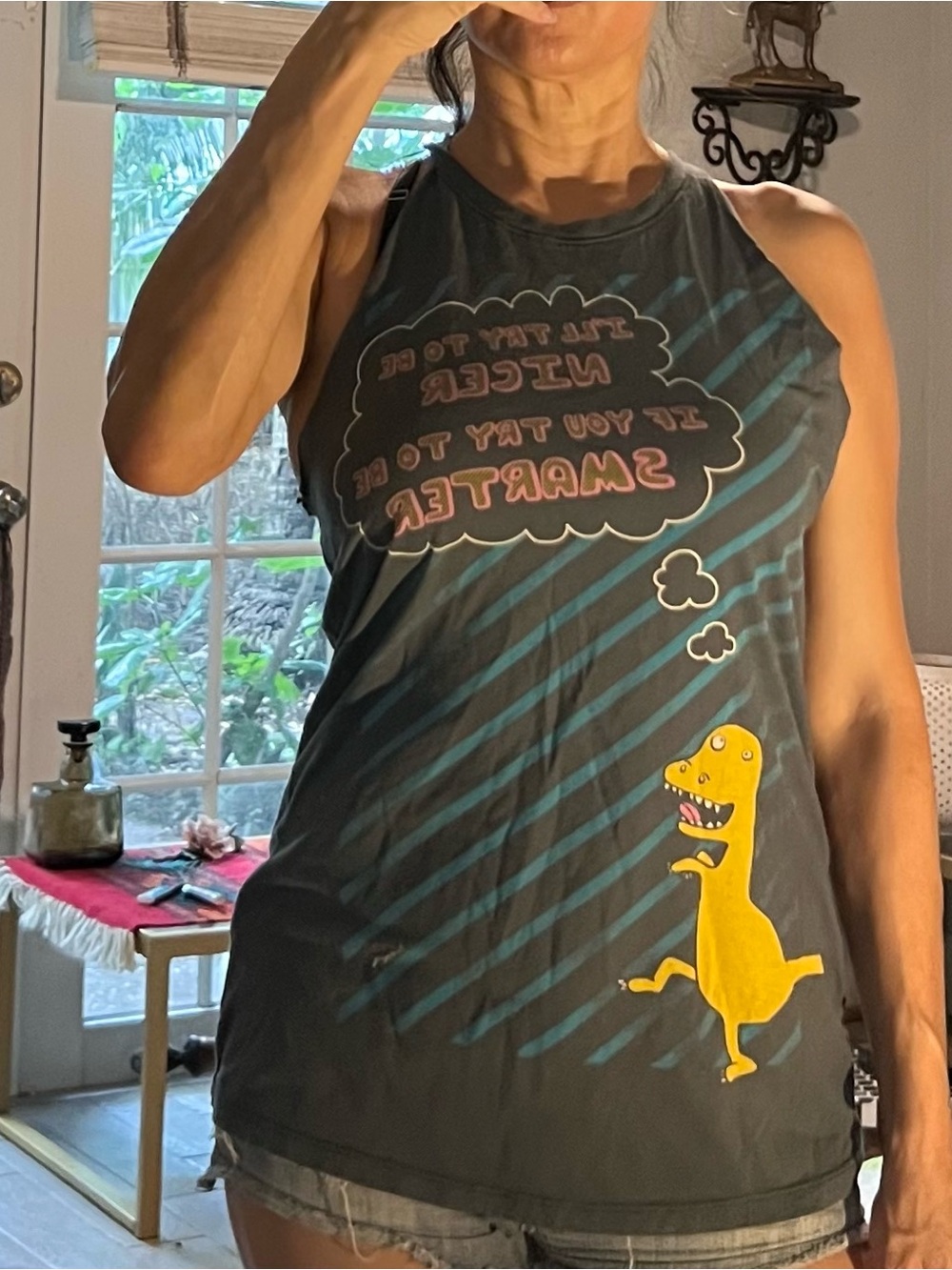 Graphic Reptile-Themed Tank Top in Dark Gray with Yellow Dino Cut -up tee. S